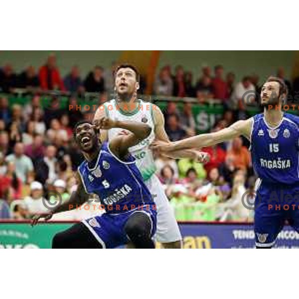 Taylor johns, Matej krusic, Eldin Camdzic in action during semi-final of Nova KBM league basketball match between Zlatorog Lasko and Rogaska in Tri Lilije Hall, Lasko, Slovenia on May 10, 2017