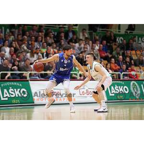 Tadej Ferme of Rogaska and Nejc Baric of Zlatorog in action during semi-final of Nova KBM league basketball match between Zlatorog Lasko and Rogaska in Tri Lilije Hall, Lasko, Slovenia on May 10, 2017