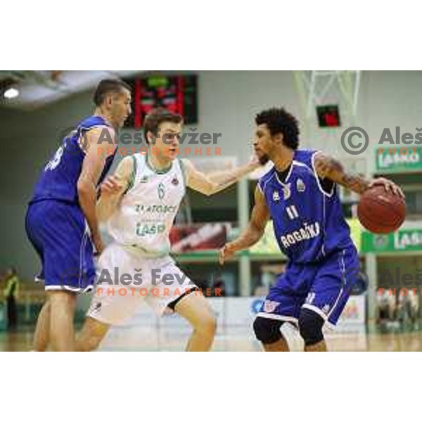 Jernej Ledl and Darwin Davis in action during semi-final of Nova KBM league basketball match between Zlatorog Lasko and Rogaska in Tri Lilije Hall, Lasko, Slovenia on May 10, 2017