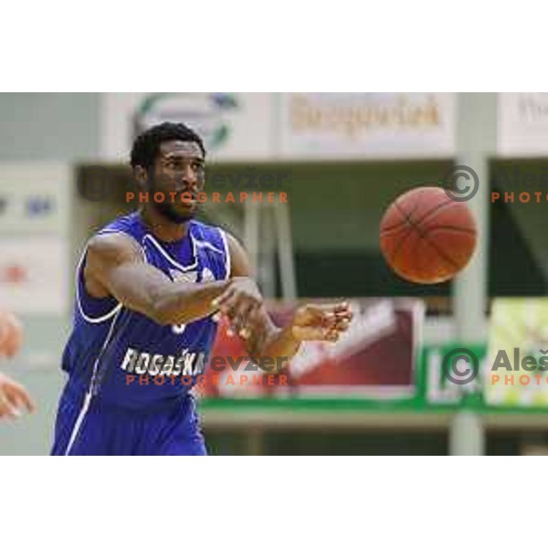 Taylor Johns of Rogaska in action during semi-final of Nova KBM league basketball match between Zlatorog Lasko and Rogaska in Tri Lilije Hall, Lasko, Slovenia on May 10, 2017