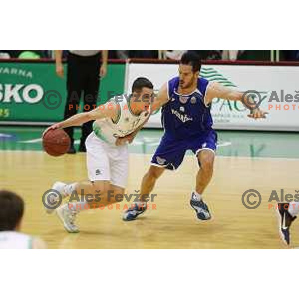 Jan Span of Zlatorog Lasko and Miha Fon of Rogaska in action during semi-final of Nova KBM league basketball match between Zlatorog Lasko and Rogaska in Tri Lilije Hall, Lasko, Slovenia on May 10, 2017