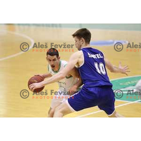 Jan Span of Zlatorog Lasko and Leon Santelj of Rogaska in action during semi-final of Nova KBM league basketball match between Zlatorog Lasko and Rogaska in Tri Lilije Hall, Lasko, Slovenia on May 10, 2017