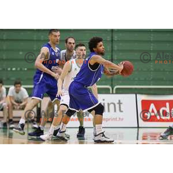 Nejc Baric of Zlatorog Lasko and Taylor Johns in action during semi-final of Nova KBM league basketball match between Zlatorog Lasko and Rogaska in Tri Lilije Hall, Lasko, Slovenia on May 10, 2017