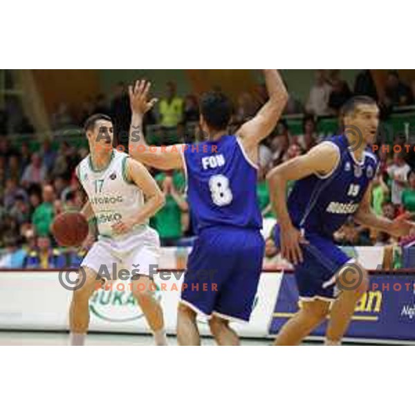 Jan Span of Zlatorog Lasko and Miha Fon of Rogaska in action during semi-final of Nova KBM league basketball match between Zlatorog Lasko and Rogaska in Tri Lilije Hall, Lasko, Slovenia on May 10, 2017