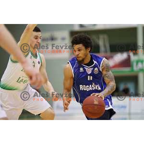 Nejc Baric of Zlatorog Lasko and Darwin Davis of Rogaska in action during semi-final of Nova KBM league basketball match between Zlatorog Lasko and Rogaska in Tri Lilije Hall, Lasko, Slovenia on May 10, 2017