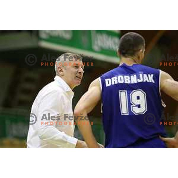 Damjan Novakovic and Dragisa Drobnjak of Rogaska in action during semi-final of Nova KBM league basketball match between Zlatorog Lasko and Rogaska in Tri Lilije Hall, Lasko, Slovenia on May 10, 2017