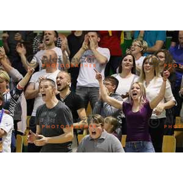 Fans of Rogaska in action during semi-final of Nova KBM league basketball match between Zlatorog Lasko and Rogaska in Tri Lilije Hall, Lasko, Slovenia on May 10, 2017