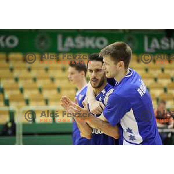 Miha Fon and Leon Santelj after semi-final of Nova KBM league basketball match between Zlatorog Lasko and Rogaska in Tri Lilije Hall, Lasko, Slovenia on May 10, 2017