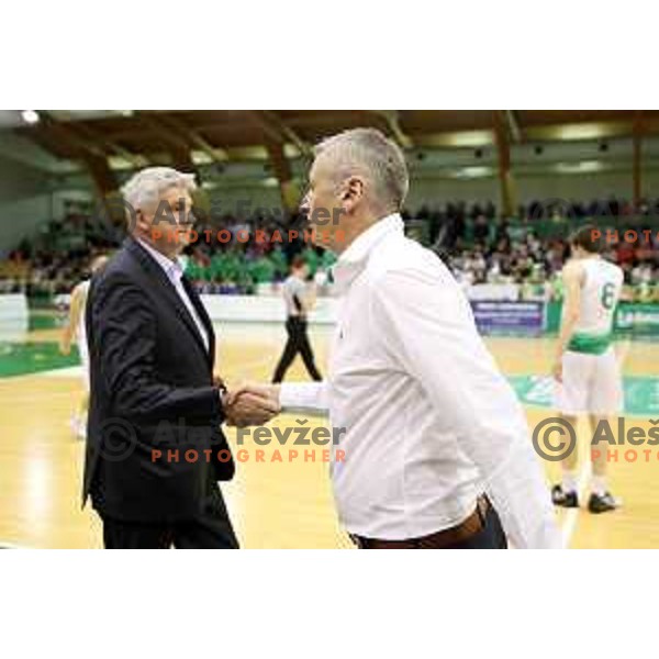 Ales Pipan and Damjan Novakovic, head coach of Rogaska after semi-final of Nova KBM league basketball match between Zlatorog Lasko and Rogaska in Tri Lilije Hall, Lasko, Slovenia on May 10, 2017