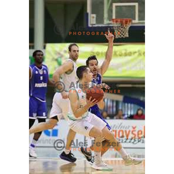 Jan Span of Zlatorog Lasko and Miha Fon of Rogaska in action during semi-final of Nova KBM league basketball match between Zlatorog Lasko and Rogaska in Tri Lilije Hall, Lasko, Slovenia on May 10, 2017