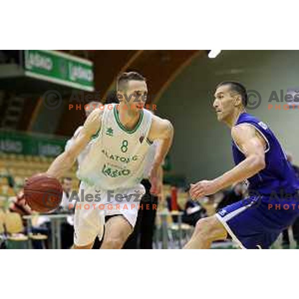 Ramo Rizvic of Zlatorog Lasko and Dragisa Drobnjak of Rogaska in action during semi-final of Nova KBM league basketball match between Zlatorog Lasko and Rogaska in Tri Lilije Hall, Lasko, Slovenia on May 10, 2017