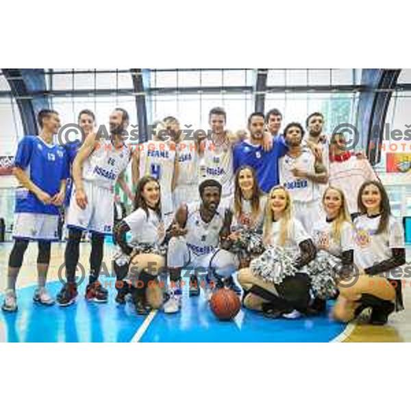 Luka Bozak, Eldin Camdzic, Tadej Ferme, Leon Santelj, Maurice Johns Taylor, Darwin Davis Jr and other players of Rogaska celerating with cheerleaders after basketball match between KK Rogaska - Zlatorog Lasko of Nova KBM league 2016/17, played at Sports hall Rogaska Slatina, Slovenia on May 12, 2017