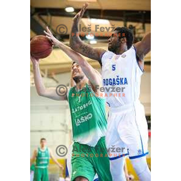 Matej Krusic of Zlatorog Lasko vs Maurice Johns Taylor of Rogaska in action during basketball match between KK Rogaska - Zlatorog Lasko of Nova KBM league 2016/17, played at Sports hall Rogaska Slatina, Slovenia on May 12, 2017