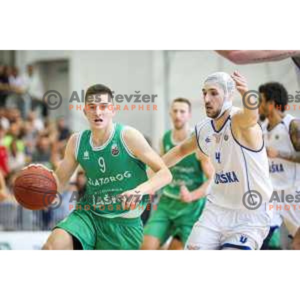 Nejc Baric of Zlatorog Lasko vs Tadej Ferme of Rogaska in action during basketball match between KK Rogaska - Zlatorog Lasko of Nova KBM league 2016/17, played at Sports hall Rogaska Slatina, Slovenia on May 12, 2017