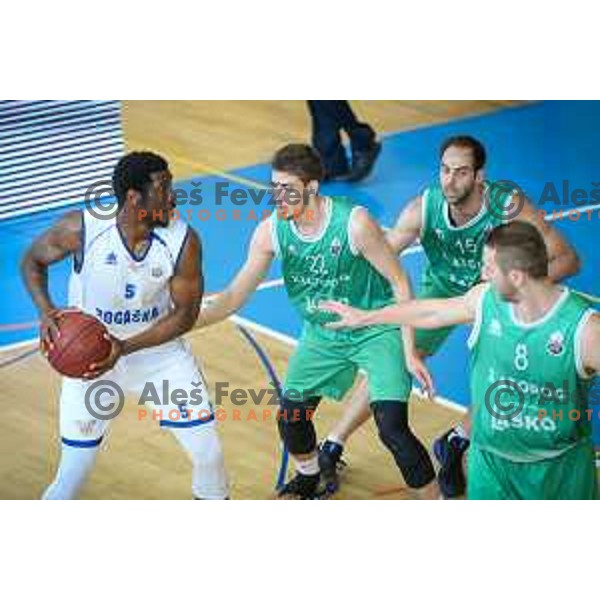 Maurice Johns Taylor of Rogaska vs Roman Rubinshteyn and Milos Miljkovic of Zlatorog Lasko in action during basketball match between KK Rogaska - Zlatorog Lasko of Nova KBM league 2016/17, played at Sports hall Rogaska Slatina, Slovenia on May 12, 2017