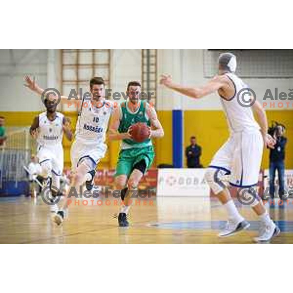 Leon Santelj of Rogaska vs Ramo Rizvic of Zlatorog Lasko in action during basketball match between KK Rogaska - Zlatorog Lasko of Nova KBM league 2016/17, played at Sports hall Rogaska Slatina, Slovenia on May 12, 2017
