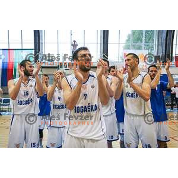 Eldin Camdzic, Tadej Ferme, Dragan Duranovic, Dragisa Drobnjak and other players of Rogaska celebrating after basketball match between KK Rogaska - Zlatorog Lasko of Nova KBM league 2016/17, played at Sports hall Rogaska Slatina, Slovenia on May 12, 2017
