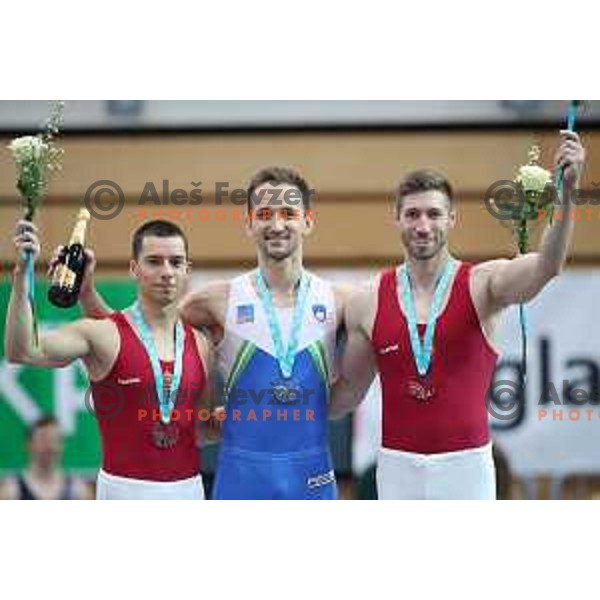 Zoltan Kallai (HUN) , Saso Bertoncelj (SLO) winner of pommel horse, Krisztian Berki (HUN) at FIG World Challenge Cup in Bonifika Hall, Koper, Slovenia on May 13, 2017