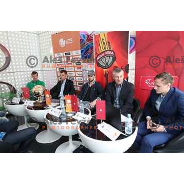 Gregor Hrovat, Gasper Okorn of Union Olimpija and Tadej Ferme, Damjan Novakovic of Rogaska during KZS press conference before Finals of Nova KBM League between Rogaska and Union Olimopija in Ljubljana on May 15, 2017