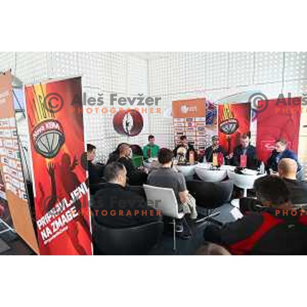 Gregor Hrovat, Gasper Okorn of Union Olimpija and Tadej Ferme, Damjan Novakovic of Rogaska during KZS press conference before Finals of Nova KBM League between Rogaska and Union Olimopija in Ljubljana on May 15, 2017