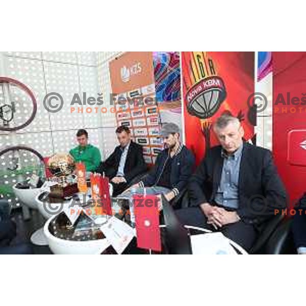Gregor Hrovat, Gasper Okorn of Union Olimpija and Tadej Ferme, Damjan Novakovic of Rogaska during KZS press conference before Finals of Nova KBM League between Rogaska and Union Olimopija in Ljubljana on May 15, 2017
