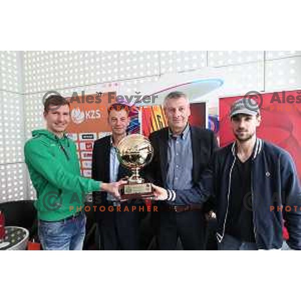 Gregor Hrovat, Gasper Okorn of Union Olimpija and Tadej Ferme, Damjan Novakovic of Rogaska during KZS press conference before Finals of Nova KBM League between Rogaska and Union Olimopija in Ljubljana on May 15, 2017