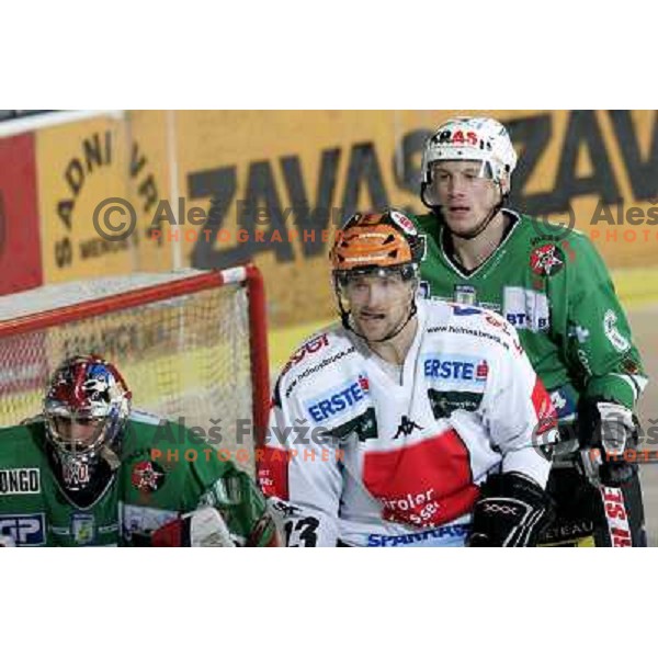 Westlund, Makinen and Groznik (6) at ice-hockey match ZM Olimpija- Innsbruck in EBEL league , played in Ljubljana (Slovenia) 11.11.2007. Photo by Ales Fevzer 