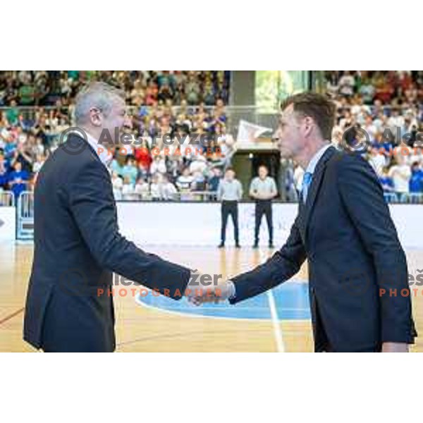 Damjan Novakovic, head coach of Rogaska and Gasper Okorn, head coach of Union Olimpija during basketball match between KK Rogaska - Union Olimpija of Nova KBM league 2016/17, played at Sports hall Rogaska Slatina, Slovenia on May 16, 2017
