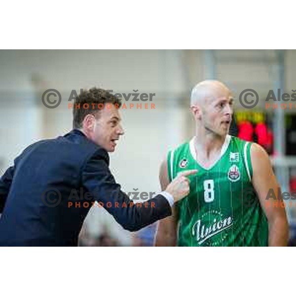 Gasper Okorn, head coach of Union Olimpija and Mirko Mulalic in action during basketball match between KK Rogaska - Union Olimpija of Nova KBM league 2016/17 finals, played at Sports hall Rogaska Slatina, Slovenia on May 16, 2017