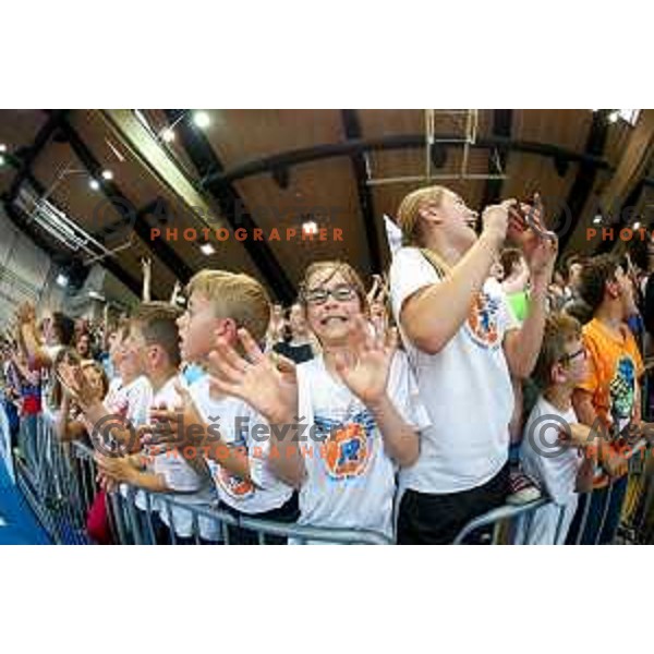 Fans of Rogaska in action during basketball match between KK Rogaska - Union Olimpija of Nova KBM league 2016/17 finals, played at Sports hall Rogaska Slatina, Slovenia on May 16, 2017