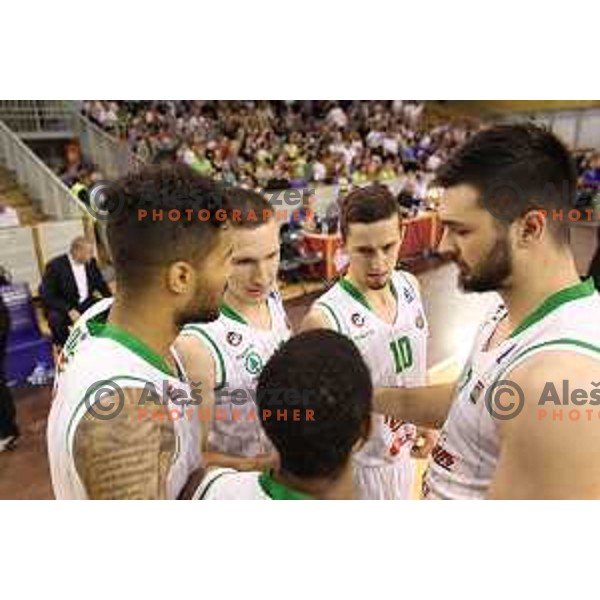 Gregor Hrovat, Jure Pelko, Nikola Jankovic of Union Olimpija in action during second match in the Final series of Nova KBM league basketball match between Union Olimpija and Rogaska in Ljubljana on May 19, 2017