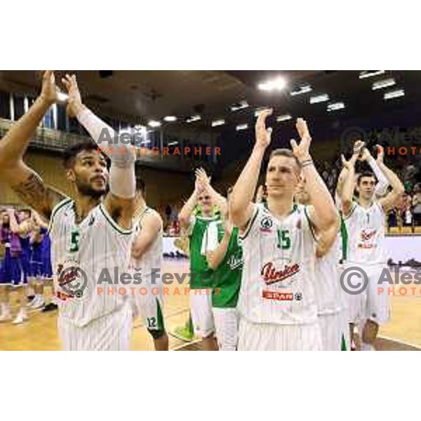 Devin Oliver and Gregor Hrovat of Union Olimpija in action during second match in the Final series of Nova KBM league basketball match between Union Olimpija and Rogaska in Ljubljana on May 19, 2017