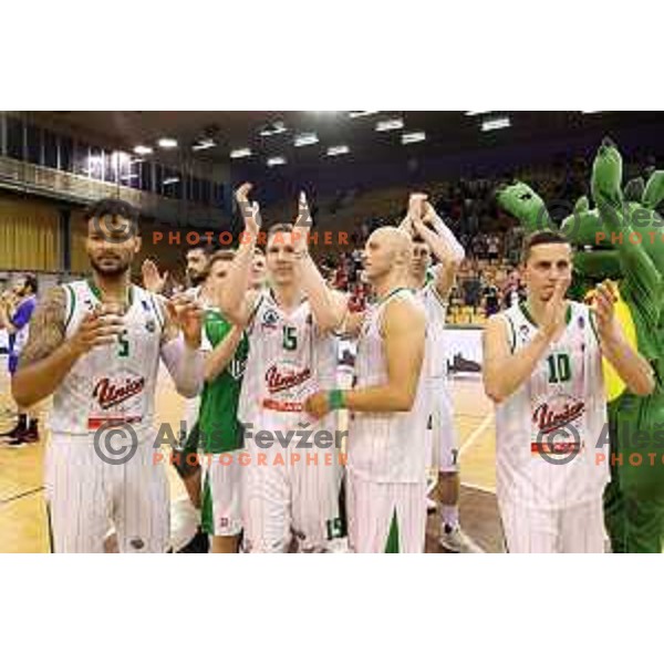 Devin Oliver, Gregor Hrovat, Mirko Mulalic and Jure Pelko of Union Olimpija celebrate victory in second match in the Final series of Nova KBM league basketball match between Union Olimpija and Rogaska in Ljubljana on May 19, 2017