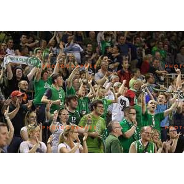 Fans of Union Olimpija in action during second match in the Final series of Nova KBM league basketball match between Union Olimpija and Rogaska in Ljubljana on May 19, 2017