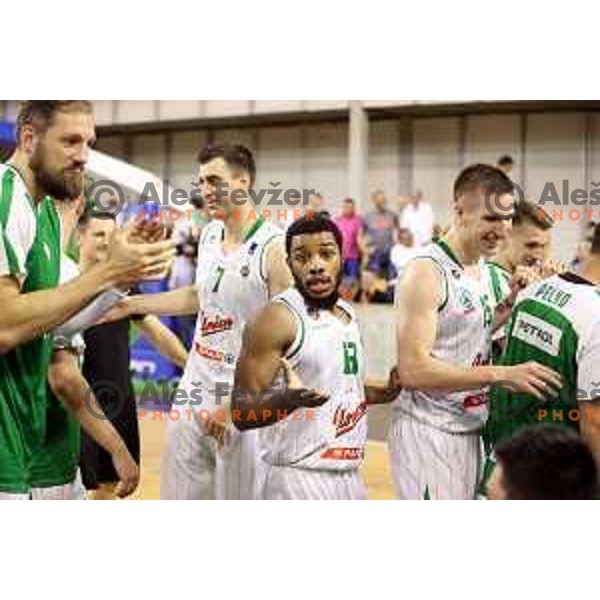 Brandon Jefferson and Gregor Hrovat of Union Olimpija in action during second match in the Final series of Nova KBM league basketball match between Union Olimpija and Rogaska in Ljubljana on May 19, 2017