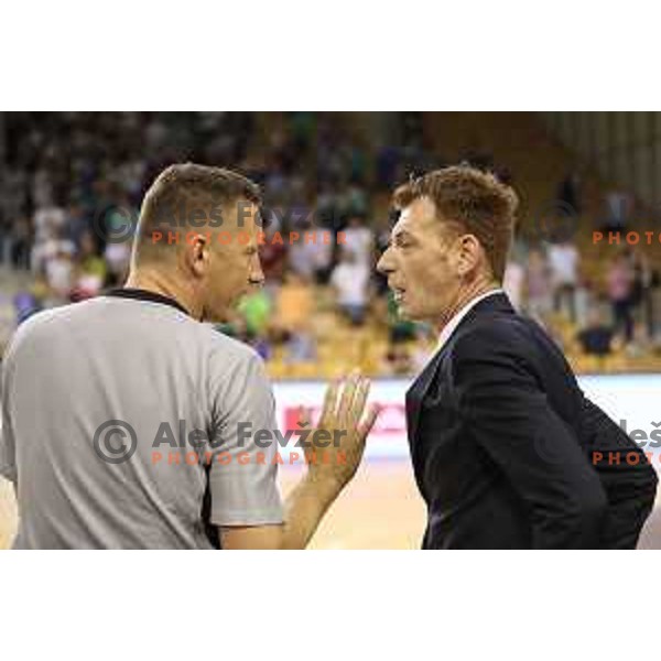 Referee Saso Pukl and Gasper Okorn, head coach of Union Olimpoija in action during second match in the Final series of Nova KBM league basketball match between Union Olimpija and Rogaska in Ljubljana on May 19, 2017