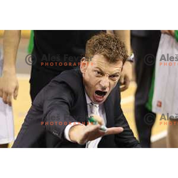 Gasper Okorn, head coach of Union Olimpoija in action during second match in the Final series of Nova KBM league basketball match between Union Olimpija and Rogaska in Ljubljana on May 19, 2017