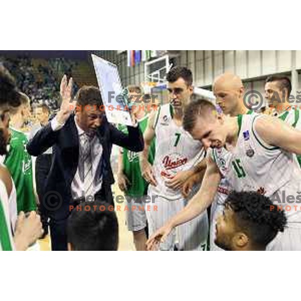 Gasper Okorn, head coach of Union Olimpija, Drazen Bubnic, Gregor Hrovat, Mirko Mulalic, Devin Oliver during second match in the Final series of Nova KBM league basketball match between Union Olimpija and Rogaska in Ljubljana on May 19, 2017