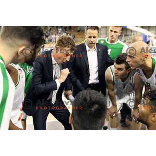 Gasper Okorn, head coach of Union Olimpija, Drazen Bubnic, Mirko Mulalic and Devin Oliver during second match in the Final series of Nova KBM league basketball match between Union Olimpija and Rogaska in Ljubljana on May 19, 2017