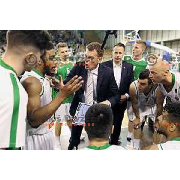 Brandon Jefferson, Gasper Okorn, head coach of Union Olimpija, Drazen Bubnic, Mirko Mulalic and Devin Oliver during second match in the Final series of Nova KBM league basketball match between Union Olimpija and Rogaska in Ljubljana on May 19, 2017