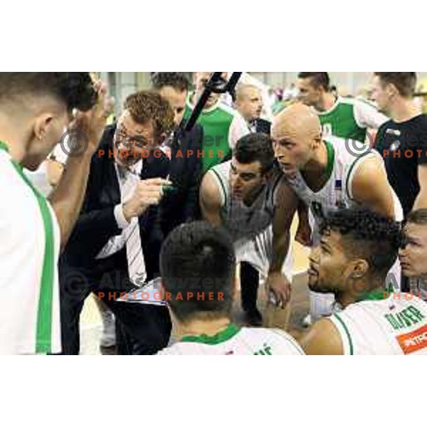 Gasper Okorn, head coach of Union Olimpija, Drazen Bubnic, Mirko Mulalic and Devin Oliver during second match in the Final series of Nova KBM league basketball match between Union Olimpija and Rogaska in Ljubljana on May 19, 2017