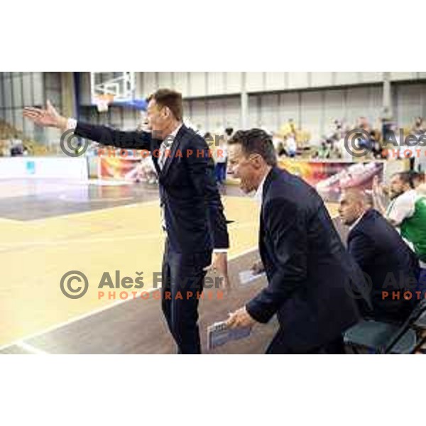 Gasper Okorn, head coach of Union Olimpija and Luka Bassin in action during second match in the Final series of Nova KBM league basketball match between Union Olimpija and Rogaska in Ljubljana on May 19, 2017