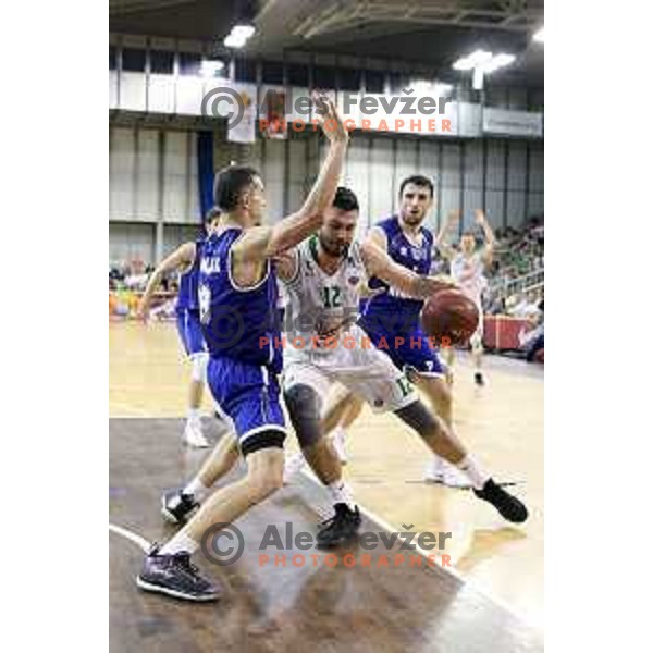 Dragisa Drobnjak and Dragan Djuranovic of Rogaska compete with Nikola Jankovic of Union Olimpija during second match in the Final series of Nova KBM league basketball match between Union Olimpija and Rogaska in Ljubljana on May 19, 2017