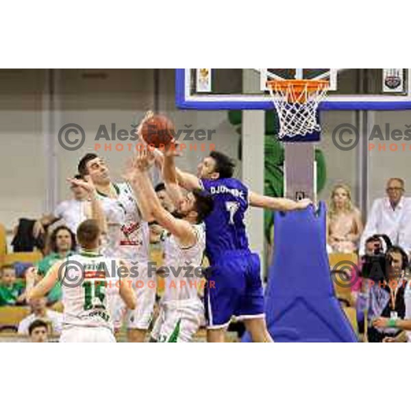 Drazen Bubnic, Nikola Jankovic of Union Olimpija and Dragan Djuranovic in action during second match in the Final series of Nova KBM league basketball match between Union Olimpija and Rogaska in Ljubljana on May 19, 2017