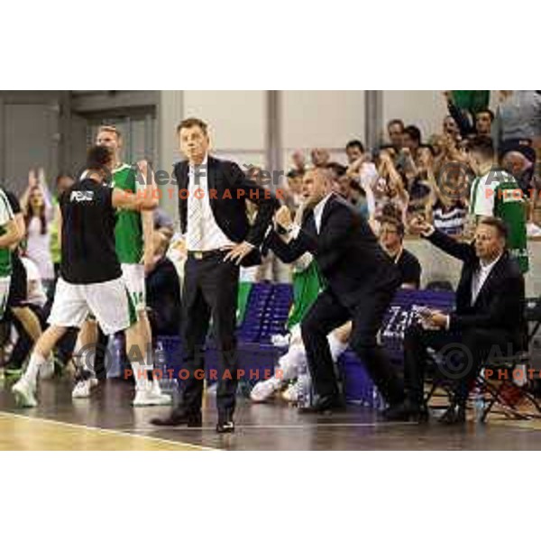 Gasper Okorn, head coach of Union Olimpoija in action during second match in the Final series of Nova KBM league basketball match between Union Olimpija and Rogaska in Ljubljana on May 19, 2017
