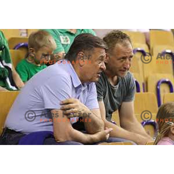 Zoran Jankovic, Mayor of Ljubljana and Tomaz Vnuk during second match in the Final series of Nova KBM league basketball match between Union Olimpija and Rogaska in Ljubljana on May 19, 2017