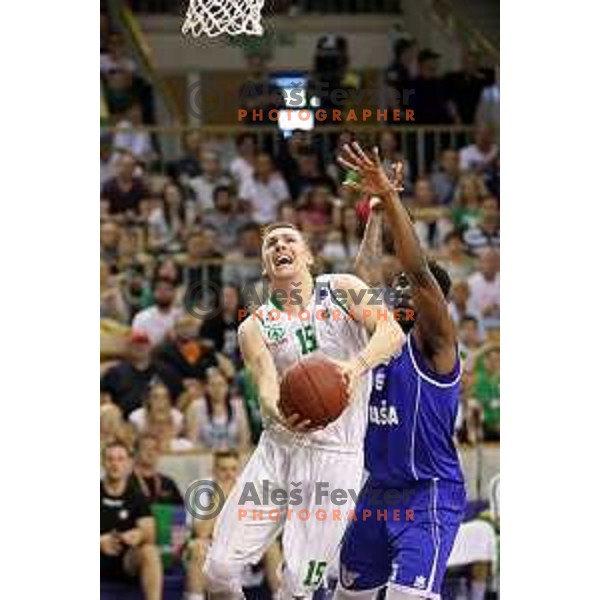 Gregor Hrovat of Union Olimpija in action during second match in the Final series of Nova KBM league basketball match between Union Olimpija and Rogaska in Ljubljana on May 19, 2017