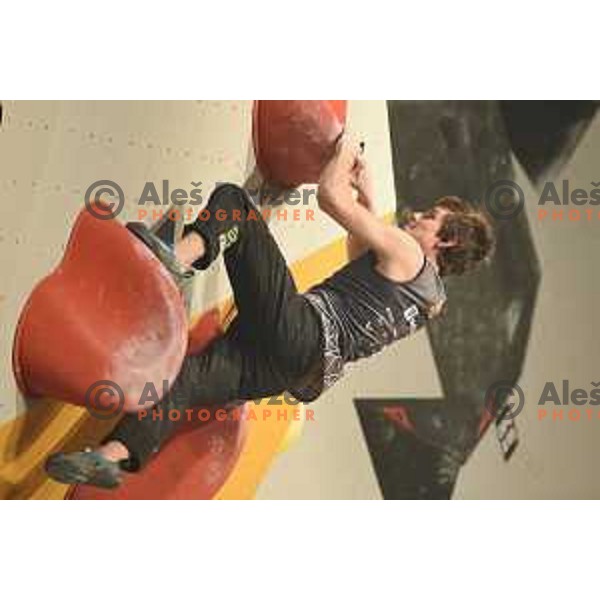 Domen Skofic in action during Triglav The Rock balvan climbing competition in Ljubljana, Slovenia on May 20, 2017