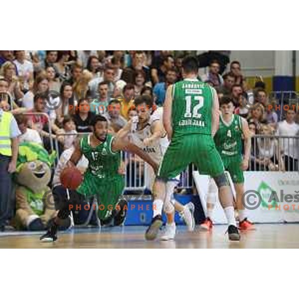 Brandon Jefferson and Tadej Ferme in action during third game in the Final of Nova KBM league 2016-2017 between KK Rogaska and Union Olimpija in Rogaska Slatina, Slovenia on May 21, 2017