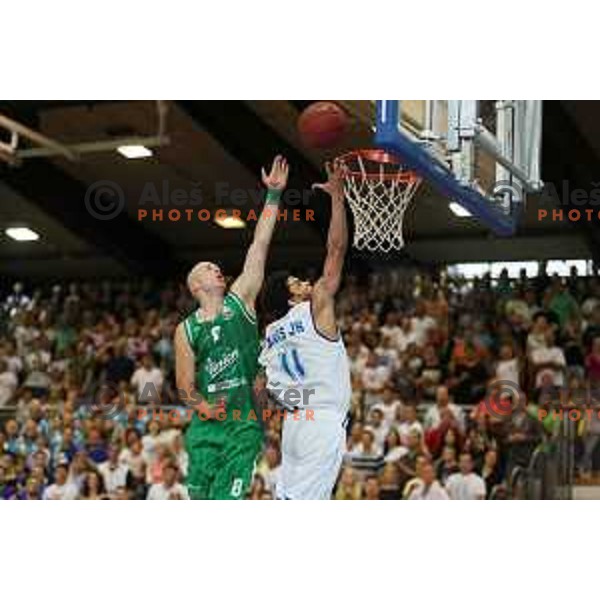 Mirko Mulalic and Darwin Davis in action during third game in the Final of Nova KBM league 2016-2017 between KK Rogaska and Union Olimpija in Rogaska Slatina, Slovenia on May 21, 2017